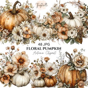 May include: A digital collection of 48 JPG files featuring floral pumpkin autumn clipart. The images display orange and white pumpkins decorated with arrangements of beige, brown, and white flowers, dried foliage, and greenery on a white background.