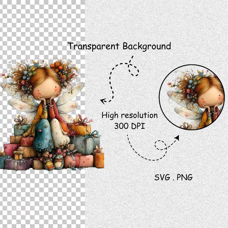May include: A whimsical illustration of a fairy with brown hair, wings, and a colorful dress, sitting atop a pile of wrapped gifts. The image has a transparent background and is labeled as high resolution, 300 DPI, in SVG and PNG formats.