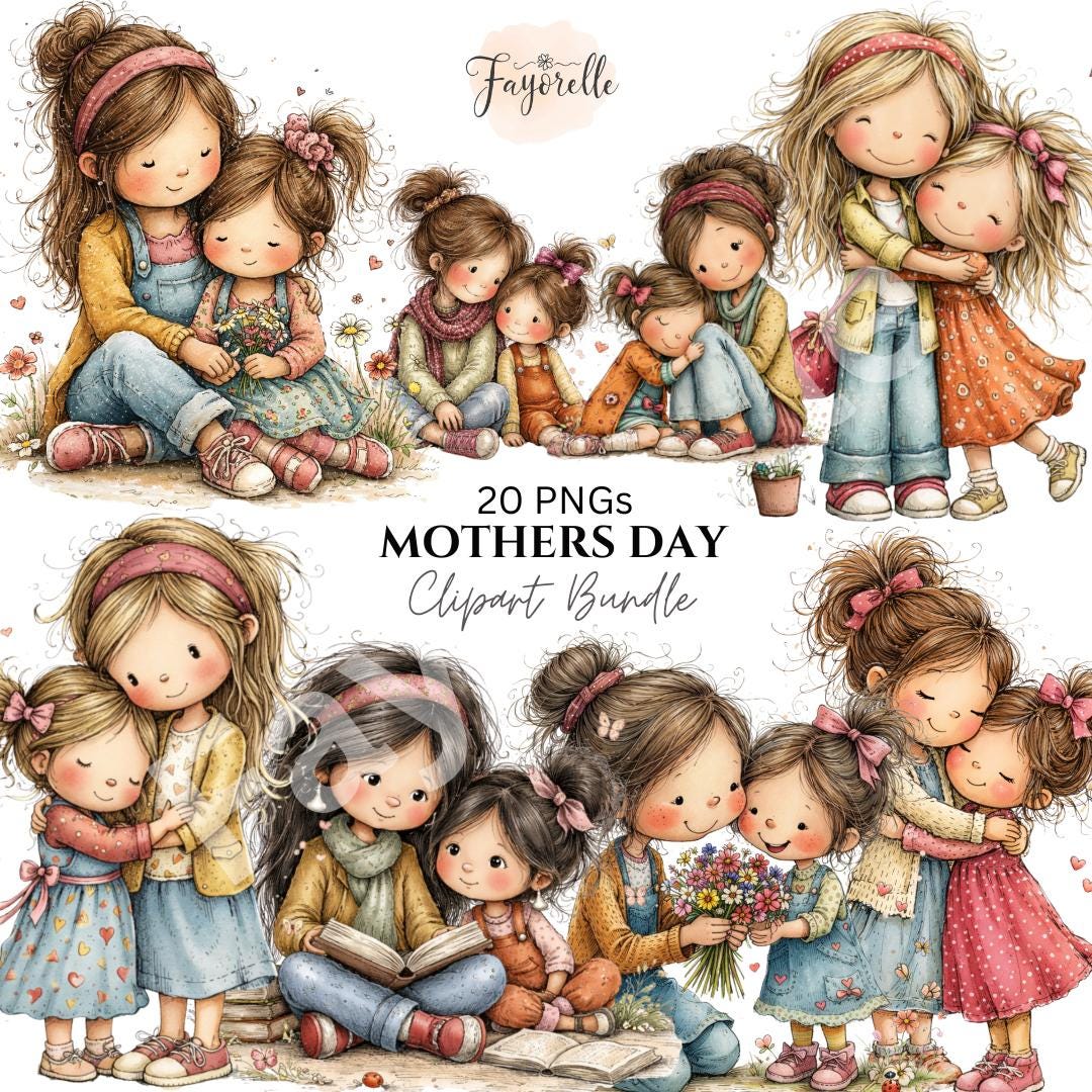 Mothers Day Clipart Bundle: Watercolor Mom Daughter PNG Illustrations ...