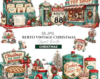 May include: A digital collection of vintage Christmas clipart featuring a cash envelope organiser, a toy shop, a pie shop, a scooter, cookie and flour canisters, signs labelled Route 88 and 57, and various holiday decorations in red and teal.