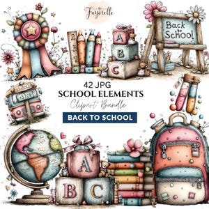 Könnte beinhalten: Aquarell-Clipart-Bundle mit Illustrationen zum Thema Schule. Enthält einen Schulbus, einen Globus, Bücher, Alphabetblöcke, einen Rucksack und eine Tafel mit der Aufschrift "Back to School". Der Text "42 JPG SCHOOL ELEMENTS Clipart Bundle" ist ebenfalls vorhanden.