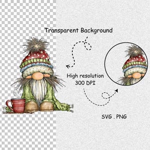 May include: A charming illustration of a gnome wearing a red and green hat with a fluffy top. The gnome has a long white beard, a tan nose, and is wearing a green jacket. A red mug of coffee sits beside the gnome. The image text says "Transparent Background".