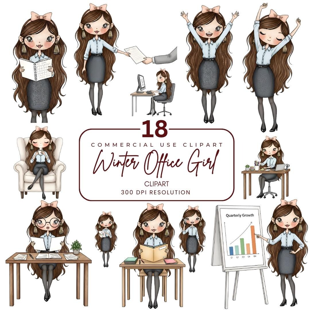 Winter Office Girl Clipart Bundle | Cozy PNG Art (digital Download) - Etsy