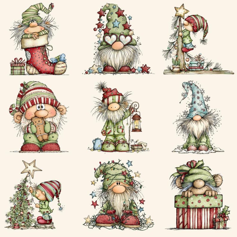 May include: Nine illustrations of Christmas gnomes in festive attire. The gnomes are depicted in various poses, wearing green, red, and white outfits and hats. Some gnomes hold gifts, lanterns, or decorate a Christmas tree. The artwork has a hand-drawn, storybook style.