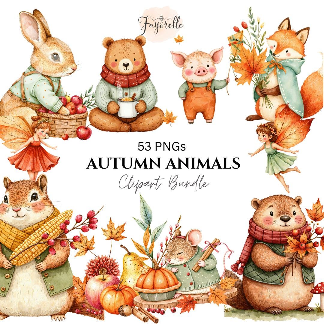 Watercolor Autumn Animals Clipart Bundle: Woodland Fairies, Pumpkins ...
