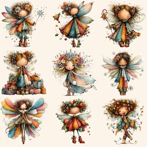 May include: Nine watercolor illustrations of whimsical fairies with colorful wings, dresses, and floral headpieces. Each fairy has a unique design, some holding objects like a bell, a snowflake, or a star wand. The artwork has a soft, dreamy aesthetic.