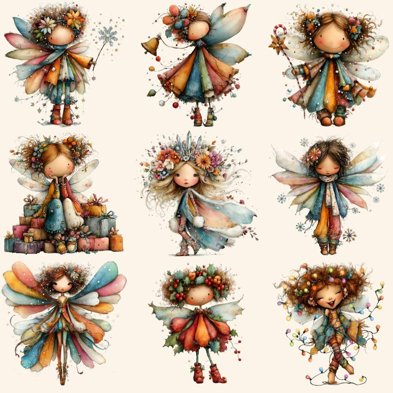 May include: Nine watercolor illustrations of whimsical fairies with colorful wings, dresses, and floral headpieces. Each fairy has a unique design, some holding objects like a bell, a snowflake, or a star wand. The artwork has a soft, dreamy aesthetic.