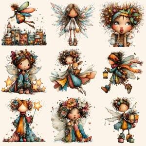 May include: A collection of nine watercolor illustrations of fairies. Each fairy has unique features, including floral crowns, wings, and detailed clothing. Some fairies are holding stars, lanterns, or gifts, while others are depicted with a deer or flying near a town.