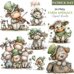 Puede incluir: Ilustraciones en acuarela de animales de granja celebrando el Día de San Patricio. La colección incluye una vaca tocando el violín, un gato, una oveja con un letrero de "Lucky Day" y un perro saliendo de un cofre.