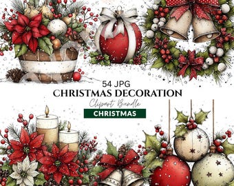 Whimsical Christmas Clipart Bundle – Watercolor Holiday Ornaments, Decorations (54 JPG)