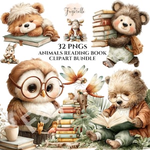 May include: Watercolor clipart bundle featuring adorable animals reading books. Includes a sleeping bear on a book, a bear with a backpack carrying books, an owl wearing glasses reading, and other charming illustrations. The text reads "32 PNGS ANIMALS READING BOOK CLIPART BUNDLE."