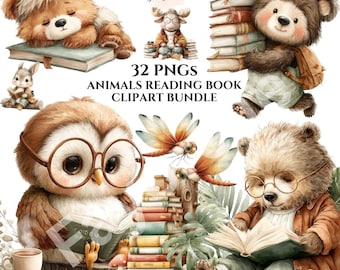 May include: Watercolor clipart bundle featuring adorable animals reading books. Includes a sleeping bear on a book, a bear with a backpack carrying books, an owl wearing glasses reading, and other charming illustrations. The text reads "32 PNGS ANIMALS READING BOOK CLIPART BUNDLE."