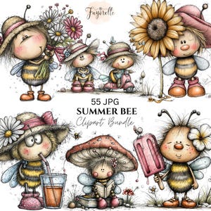 以下が含まれることがあります： 「Summer Bee」というタイトルのデジタルクリップアートバンドル。さまざまなポーズのミツバチの気まぐれなイラストが特徴です。ミツバチは帽子をかぶり、花を持ち、スクーターに乗り、おやつを楽しんでいます。バンドルには55個のJPGファイルが含まれています。