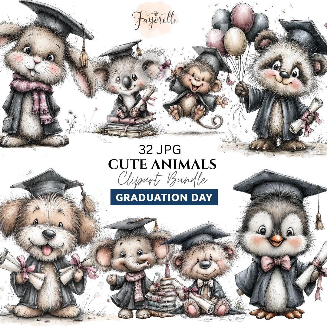 32 JPG Whimsical Animals Graduation Clipart – Cute Animal Graduates ...