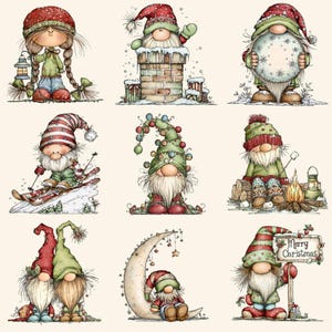 May include: Nine charming illustrations of Christmas gnomes in festive settings. Each gnome has a long white beard, a pointed hat, and is dressed for the holidays. The scenes include skiing, toasting marshmallows, and holding a "Merry Christmas" sign. The artwork has a hand-drawn style.