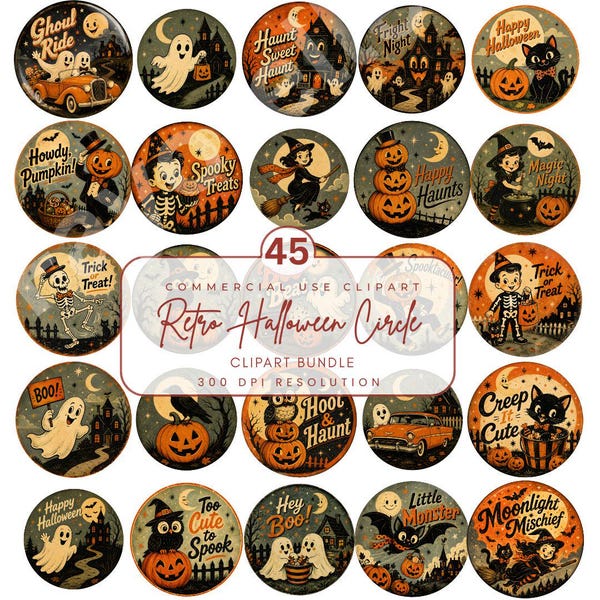 Retro Halloween Circle Clipart Bundle, Vintage 1950s Witch, Raven, Ghost (Digital Download)