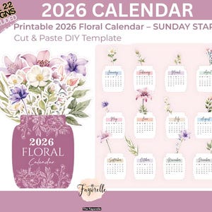 Pode incluir: Um calendário floral imprimível de 2026 com início ao domingo. O design apresenta um buquê de flores em um vaso roxo e calendários mensais individuais com detalhes florais. O texto inclui "2026 Floral Calendar" e "Cut & Paste DIY Template."