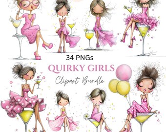 34 Whimsical Girls Watercolor Clipart, Junk Journaling PNGs (Digital Download)