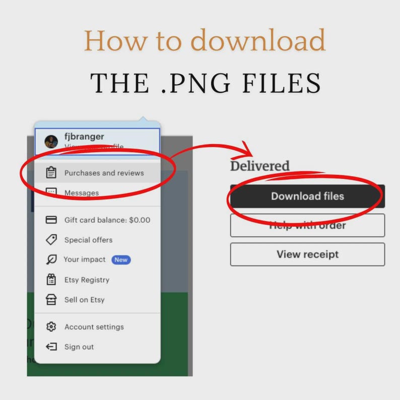 May include: A screenshot demonstrating how to download .PNG files. The image highlights the "Purchases and reviews" section and the "Download files" button. Text includes "How to download THE .PNG FILES".