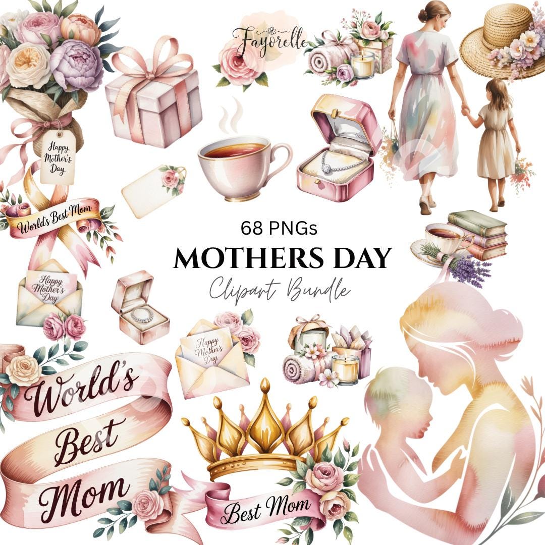 Mothers Day Clipart Bundle: Mom Daughter Watercolor PNG Floral Gifts ...
