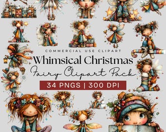 May include: A collection of whimsical Christmas fairy clipart in various poses. The fairies have colorful outfits, wings, and floral accents. The image includes text that reads "Whimsical Christmas Fairy Clipart Pack" and "34 PNGS | 300 DPI".
