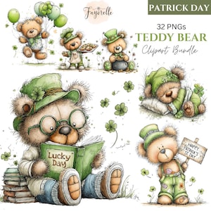 May include: A collection of watercolor teddy bear clipart images. The bears are dressed in green St. Patrick's Day attire, holding balloons, reading a book, and holding a sign that says "Happy Patrick's St. Day". The text "Lucky Day" is on a book.