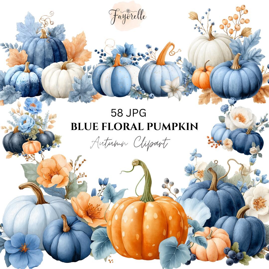 Blue Floral Pumpkin Clipart, Watercolor Autumn Pumpkins, Fall ...