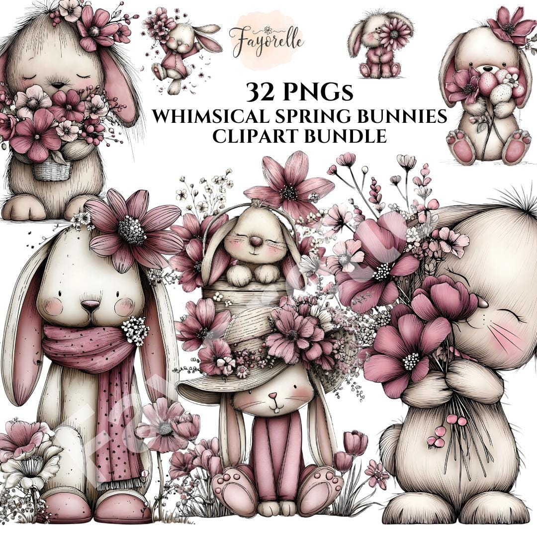 Watercolor Spring Bunnies Clipart Bundle: Floral Easter Rabbits PNG - Etsy