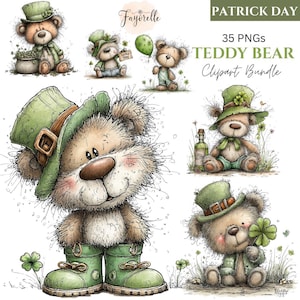 May include: A collection of St. Patrick's Day-themed teddy bear clipart. The bears are depicted in various poses, wearing green hats and boots, and holding shamrocks. The image includes the text "PATRICK DAY" and "35 PNGS TEDDY BEAR Clipart Bundle."