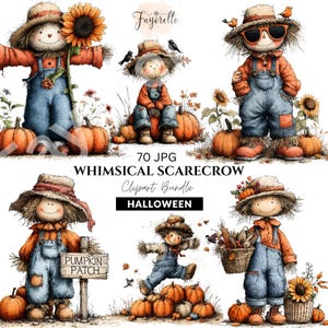 Verspieltes Vogelscheuchen-Clipart-Paket, Aquarell-Herbstkunst, Herbsternte (Kommerzielle Nutzung)