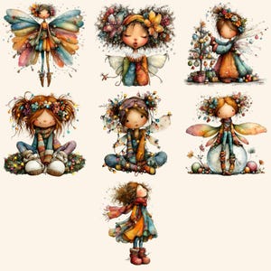 May include: Watercolor illustrations of whimsical fairies with colorful wings, floral headpieces, and festive attire. Some fairies are adorned with string lights, while others are decorating a Christmas tree, creating a charming, magical theme.