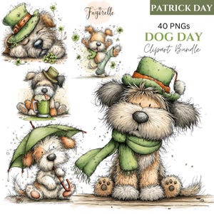 Peut inclure: Un ensemble de cliparts numériques avec des illustrations à l'aquarelle de chiens célébrant la Saint-Patrick. Les images incluent des chiens portant des chapeaux et des écharpes verts, tenant des parapluies et buvant dans des tasses. Le texte "PATRICK DAY" et "DOG DAY Clipart Bundle" sont également inclus.