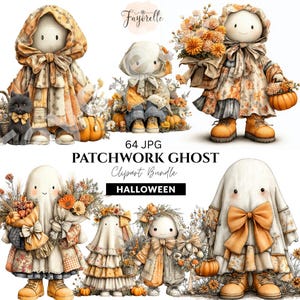 May include: A digital collection of patchwork ghost illustrations featuring figures in orange and cream patterned clothing, some holding bouquets of autumn flowers and pumpkins, with a black cat, all labelled Patchwork Ghost Clipart Bundle.