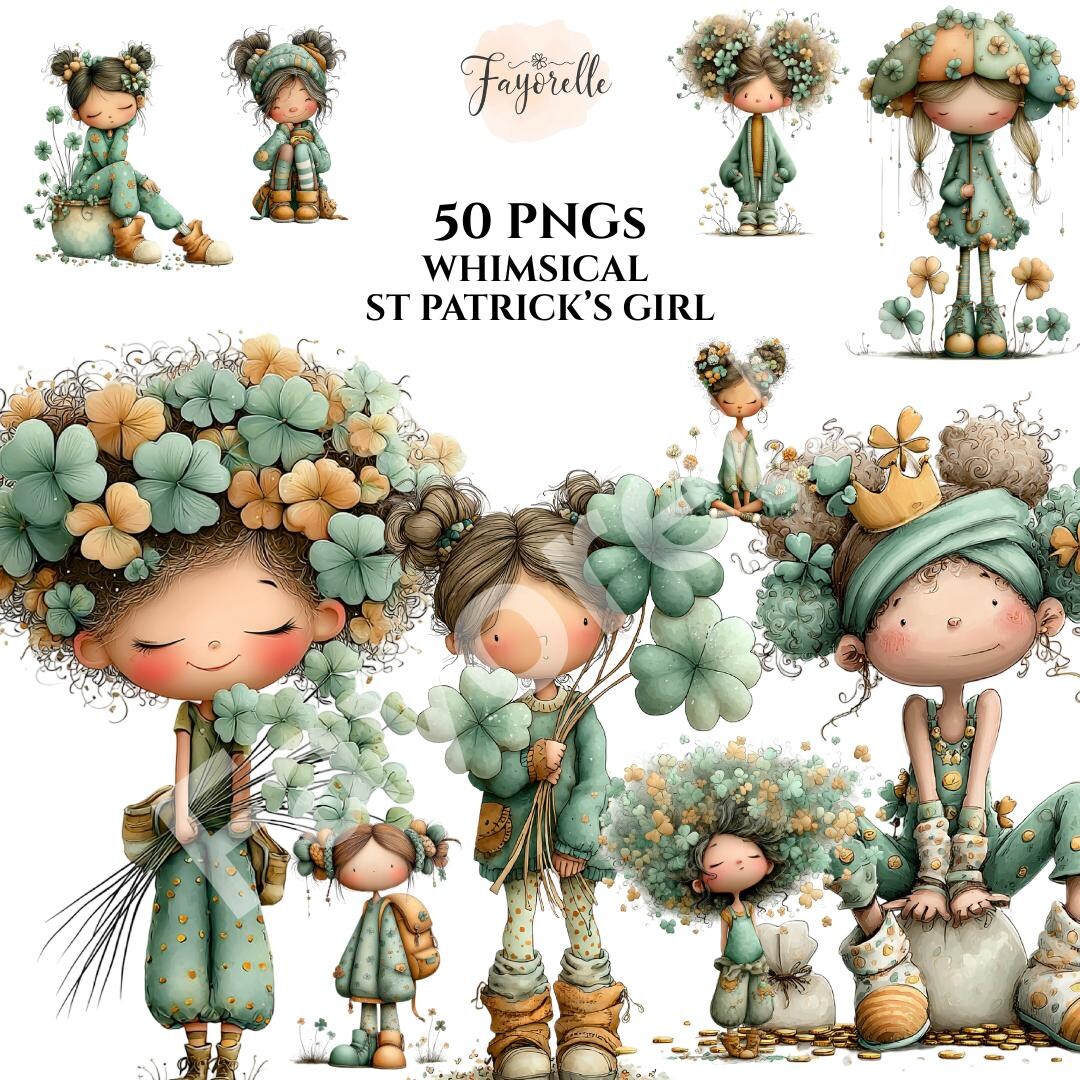 Whimsy Patrick Whimsical St Patrick's Day Girl Clipart, Watercolor Irish PNG Bundle ...
