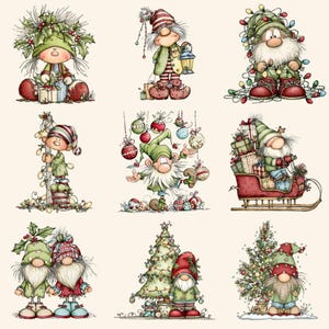 May include: Nine charming illustrations of Christmas gnomes. Each gnome is dressed in festive clothing, featuring pointed hats, long beards, and holiday-themed items such as baubles, presents, and a sleigh. The colour scheme includes greens, reds, and whites.