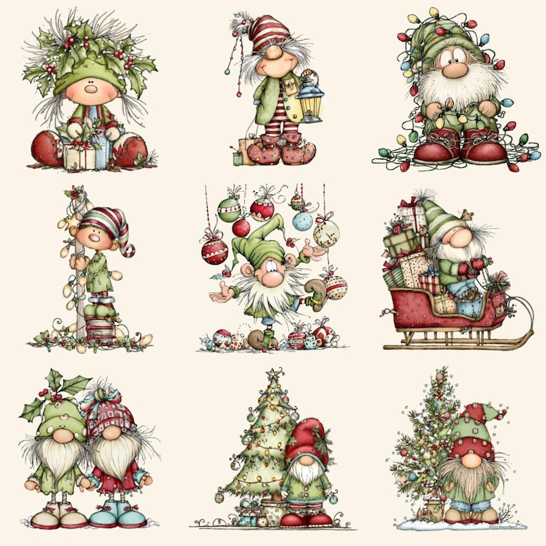 May include: Nine charming illustrations of Christmas gnomes. Each gnome is dressed in festive clothing, featuring pointed hats, long beards, and holiday-themed items such as baubles, presents, and a sleigh. The colour scheme includes greens, reds, and whites.