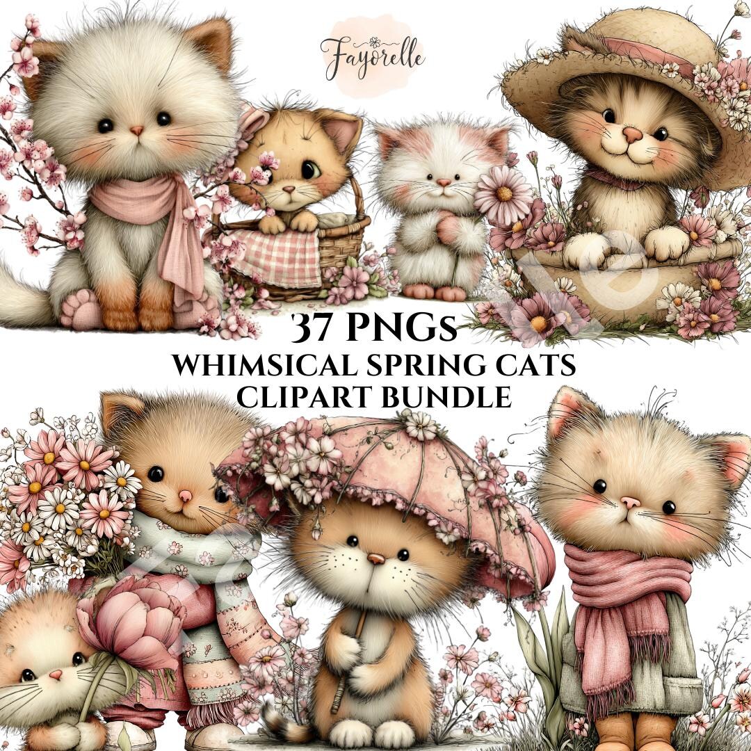 Whimsical Spring Cats Clipart Bundle: Watercolor Kittens, Floral ...
