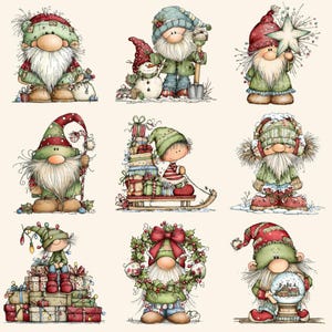 May include: Nine illustrations of Christmas gnomes. The gnomes are dressed in festive outfits, some holding gifts, snow globes, or winter accessories. The colour scheme features red, green, and white, creating a cheerful holiday theme.