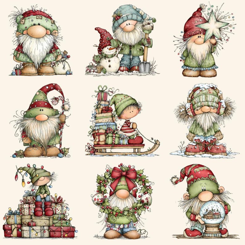 May include: Nine illustrations of Christmas gnomes. The gnomes are dressed in festive outfits, some holding gifts, snow globes, or winter accessories. The colour scheme features red, green, and white, creating a cheerful holiday theme.