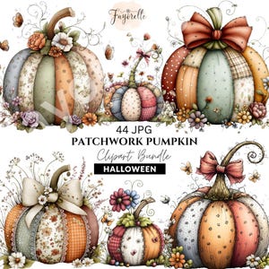 Puede incluir: Una colección digital de cinco calabazas de patchwork ilustradas con variados patrones de tela, detalles florales y lazos. La imagen incluye el texto Fayorelle, 44 JPG, PATCHWORK PUMPKIN, Clipart Bundle y HALLOWEEN en blanco y negro.