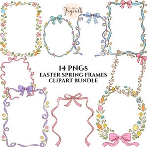 May include: A collection of 14 PNG Easter spring frames clipart bundle. The frames are in various shapes, including oval and rectangular, and decorated with pastel ribbons, bows, flowers, carrots, and Easter eggs. The frames are in a variety of colors, including pink, blue, and yellow.