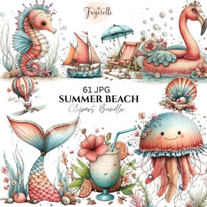 May include: A collection of watercolour clipart illustrations with a summer beach theme. Includes a seahorse, sailboat, beach chair, flamingo float, mermaid tail, cocktail, and jellyfish. Text reads "SUMMER BEACH Clipart Bundle". The colour palette is coral, teal, and peach.