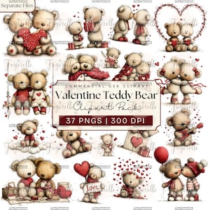 May include: A set of watercolour teddy bear clipart images. The bears are depicted in various poses, holding hearts, gifts, and signs with the word "Love". The colour scheme includes shades of brown, red, and white, ideal for Valentine's Day.