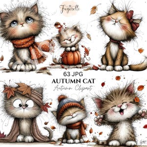 Puede incluir: Un conjunto de ilustraciones digitales con seis gatos esponjosos en entornos otoñales, incluyendo gatos con bufandas naranjas, calabazas y hojas. El texto dice Fayorelle, 63 JPG, AUTUMN CAT y Autumn Clipart sobre un fondo blanco.
