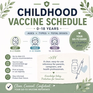 May include: A green and white infographic titled "Childhood Vaccine Schedule" with information for ages 0-18 years. It includes sections on ages, types, and total doses, with illustrations of a baby, child, and teen. The infographic provides vaccine recommendations.