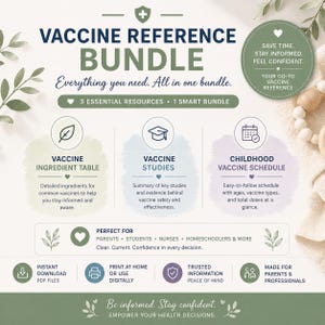 May include: A digital graphic advertising a vaccine reference bundle. The design includes text and icons, such as a leaf, graduation cap, and calendar. The bundle offers a vaccine ingredient table, studies, and a childhood vaccine schedule.