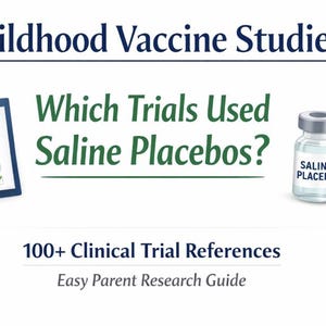 May include: An informational graphic about childhood vaccine studies. The image includes a clipboard with charts, a vial labeled "Saline Placebo," and a syringe. Text reads "Which Trials Used Saline Placebos?" and "100+ Clinical Trial References."