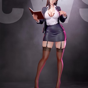 Pode incluir: Estatueta de uma mulher em traje de negócios, segurando um livro e usando óculos. Ela está usando uma blusa branca, um blazer preto e uma saia preta curta. Ela também está usando meias pretas e saltos altos. A estatueta está em uma base vermelha.