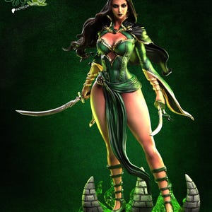 May include: A detailed figurine of a woman in a green and gold outfit, holding two curved swords. The figure stands on a stone base with a green, glowing effect. The image has the text "Talia At Chat" and "Patreon" in the upper left corner.