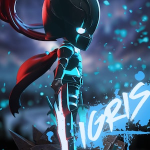 May include: A digital illustration of a character in dark armour with a red cape and flowing hair. The character has glowing white eyes and is holding a sword. The word "IGRIS" is written in blue.